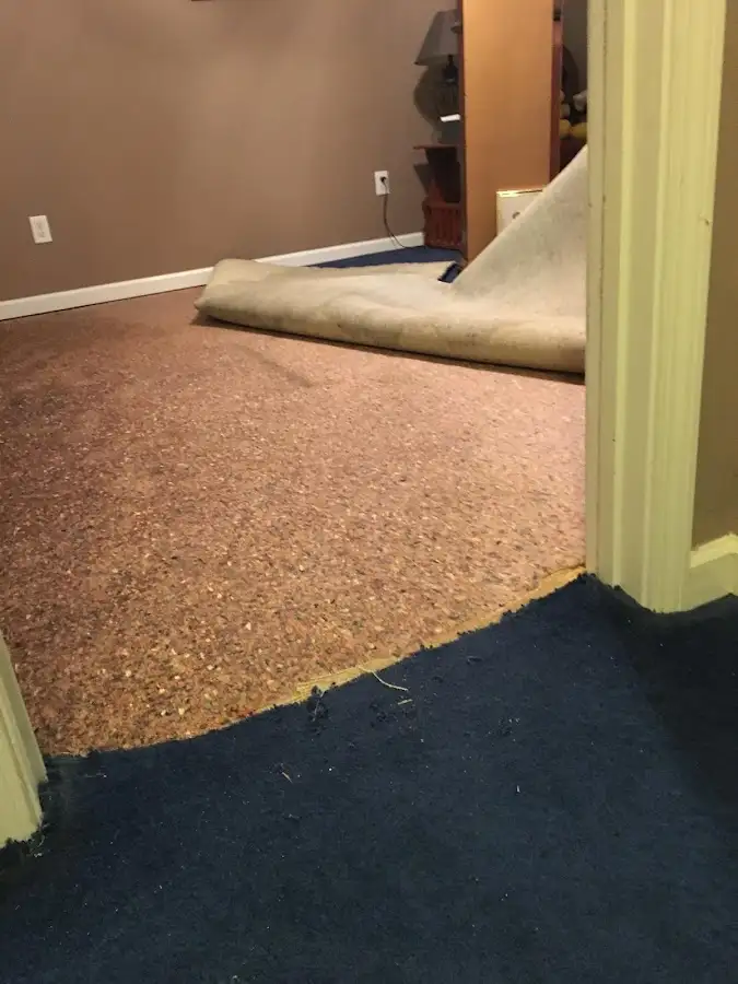 Carpet pad removal revealing water damage during Drying & Dehumidification in Pecan Grove